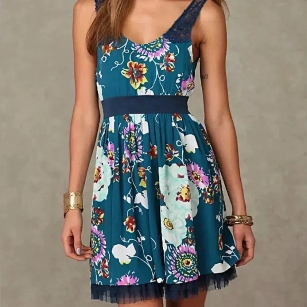 Free People Teal Floral Mini Dress with Navy Lace Trim